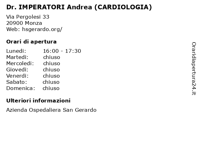 Dr. IMPERATORI Andrea (CARDIOLOGIA) a Monza: indirizzo e orari di apertura