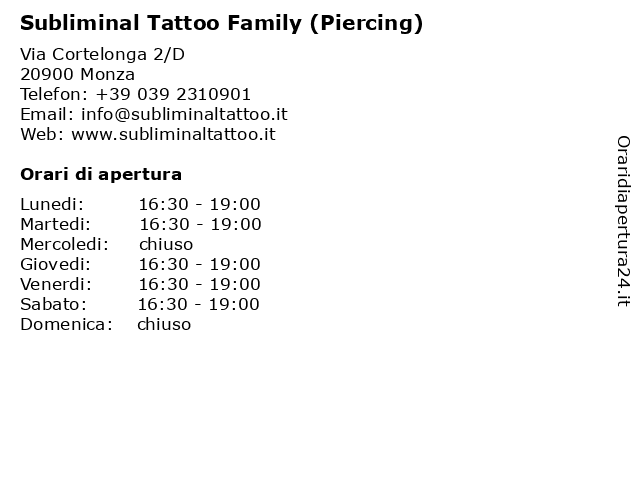 Subliminal Tattoo Family (Piercing) a Monza: indirizzo e orari di apertura
