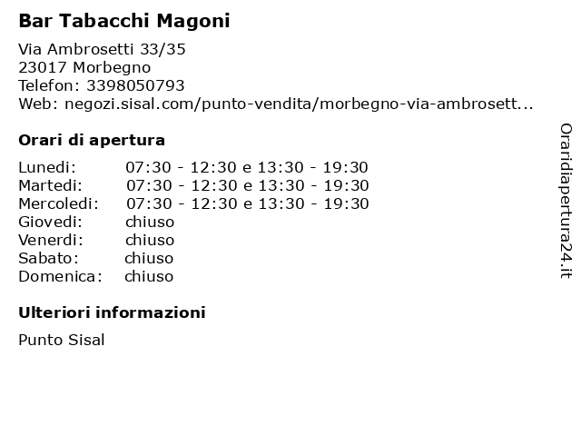 Bar Tabacchi Magoni a Morbegno: indirizzo e orari di apertura
