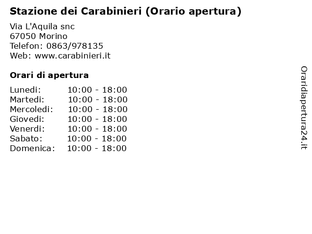 Stazione dei Carabinieri (Orario apertura) a Morino: indirizzo e orari di apertura