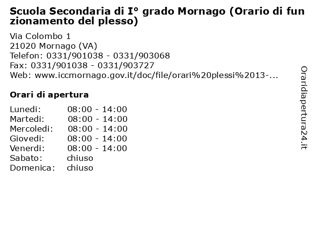 Scuola Secondaria di I° grado Mornago (Orario di funzionamento del plesso) a Mornago (VA): indirizzo e orari di apertura