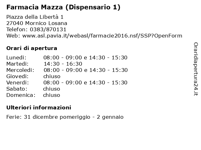Farmacia Mazza (Dispensario 1) a Mornico Losana: indirizzo e orari di apertura