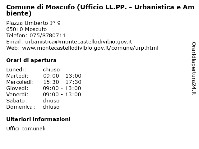 Comune di Moscufo (Ufficio LL.PP. - Urbanistica e Ambiente) a Moscufo: indirizzo e orari di apertura
