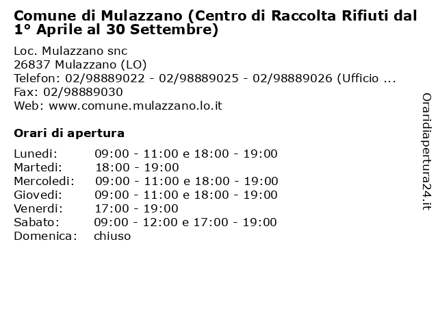 Comune di Mulazzano (Centro di Raccolta Rifiuti dal 1° Aprile al 30 Settembre) a Mulazzano (LO): indirizzo e orari di apertura
