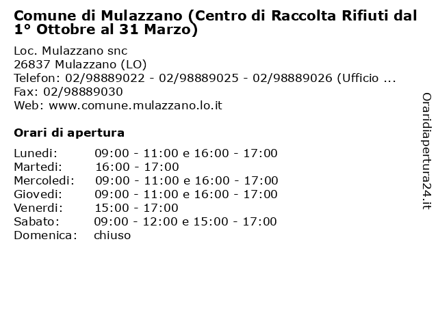 Comune di Mulazzano (Centro di Raccolta Rifiuti dal 1° Ottobre al 31 Marzo) a Mulazzano (LO): indirizzo e orari di apertura