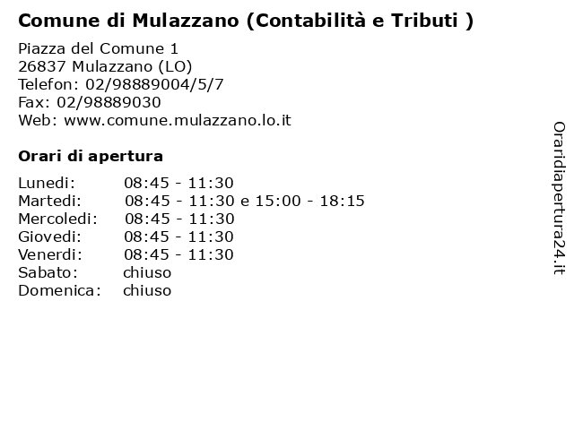 Comune di Mulazzano (Contabilità e Tributi ) a Mulazzano (LO): indirizzo e orari di apertura