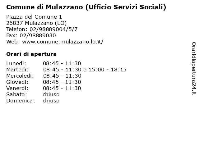 Comune di Mulazzano (Ufficio Servizi Sociali) a Mulazzano (LO): indirizzo e orari di apertura