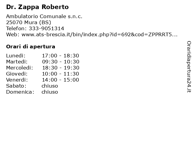 Dr. Zappa Roberto a Mura (BS): indirizzo e orari di apertura
