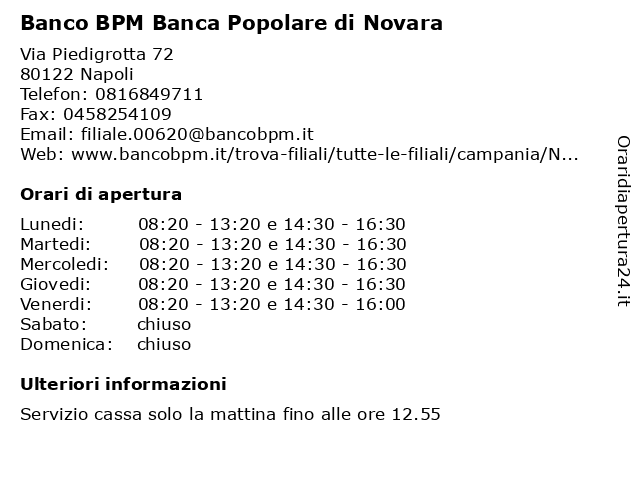 ᐅ Orari Banca Popolare di Novara | Via Piedigrotta 72 ...
