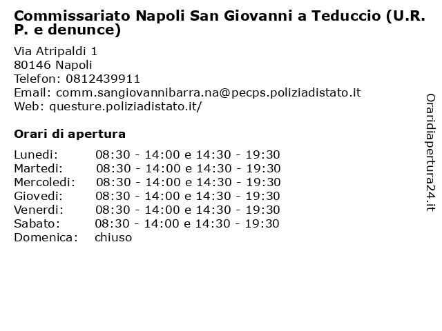 Commissariato Napoli San Giovanni a Teduccio (U.R.P. e denunce) a Napoli: indirizzo e orari di apertura