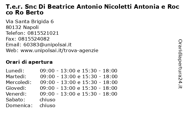 T.e.r. Snc Di Beatrice Antonio Nicoletti Antonia e Rocco Ro Berto a Napoli: indirizzo e orari di apertura