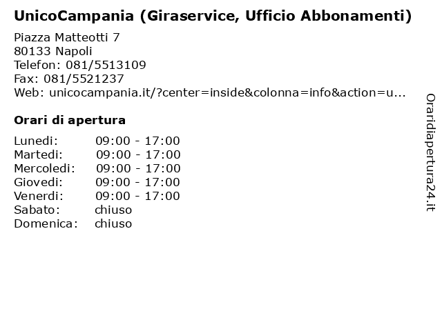 UnicoCampania (Giraservice, Ufficio Abbonamenti) a Napoli: indirizzo e orari di apertura