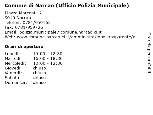 Comune di Narcao (Ufficio Polizia Municipale) a Narcao: indirizzo e orari di apertura