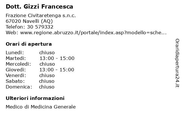 Dott. Gizzi Francesca a Navelli (AQ): indirizzo e orari di apertura