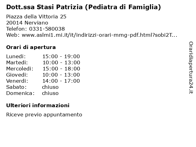 Dott.ssa Stasi Patrizia (Pediatra di Famiglia) a Nerviano: indirizzo e orari di apertura