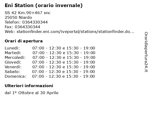 Eni Station (orario invernale) a Niardo: indirizzo e orari di apertura