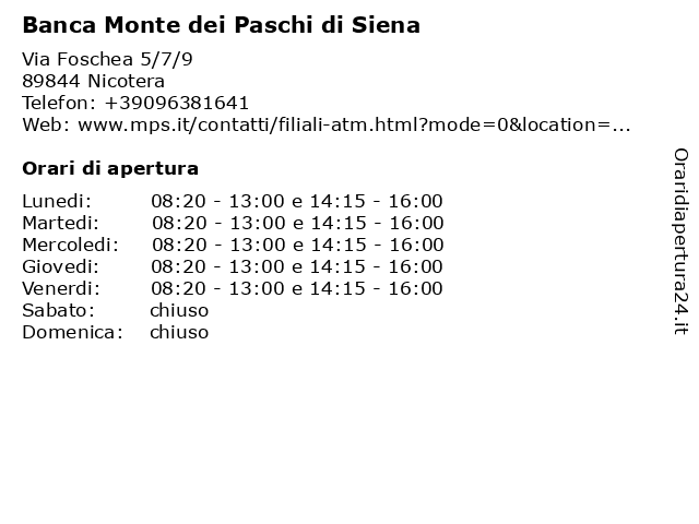 Banca Monte dei Paschi di Siena a Nicotera: indirizzo e orari di apertura
