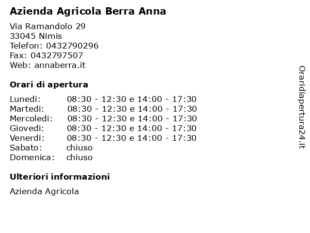 Azienda Agricola Berra Anna a Nimis: indirizzo e orari di apertura