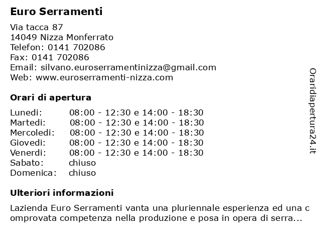 ᐅ Orari Euro Serramenti Via Tacca 87 Nizza Monferrato