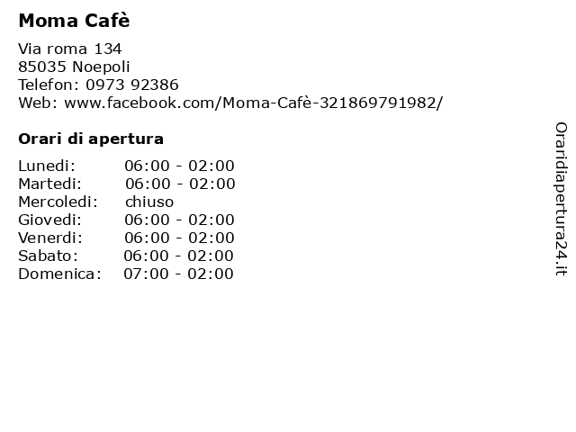Moma Cafè a Noepoli: indirizzo e orari di apertura