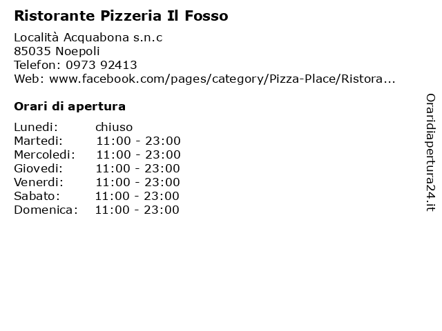 Ristorante Pizzeria Il Fosso a Noepoli: indirizzo e orari di apertura