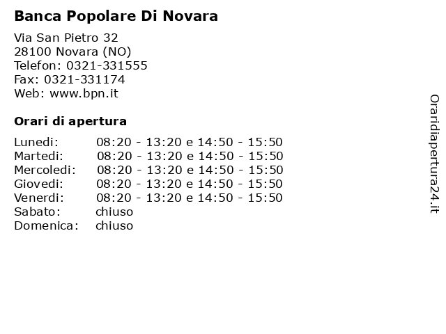 Banca Popolare Di Novara a Novara (NO): indirizzo e orari di apertura