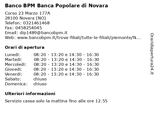 Banca Popolare di Novara a Novara (NO): indirizzo e orari di apertura