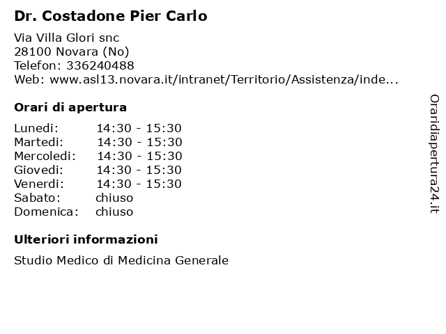 Dr. Costadone Pier Carlo a Novara (No): indirizzo e orari di apertura