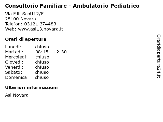 Consultorio Familiare - Ambulatorio Pediatrico a Novara: indirizzo e orari di apertura