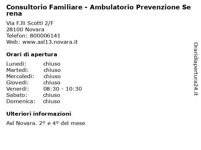 Consultorio Familiare - Ambulatorio Prevenzione Serena a Novara: indirizzo e orari di apertura