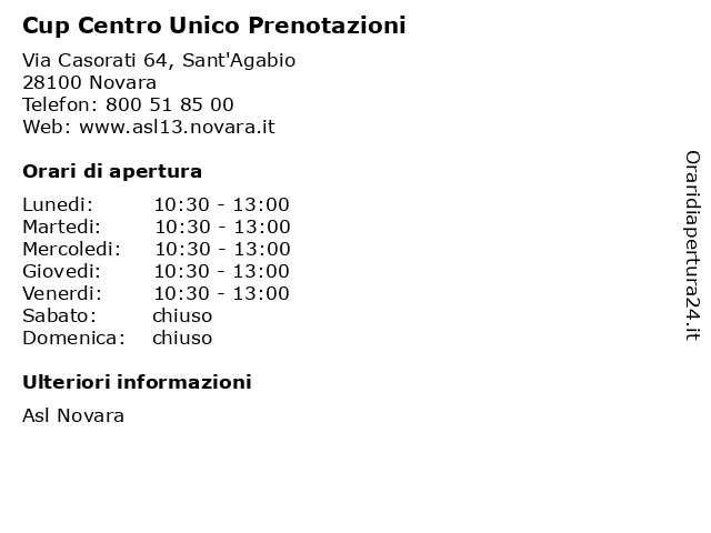 Cup Centro Unico Prenotazioni a Novara: indirizzo e orari di apertura