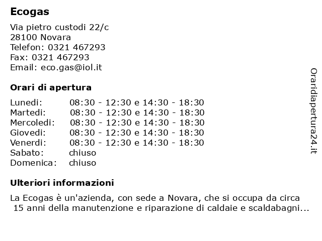 Ecogas a Novara: indirizzo e orari di apertura
