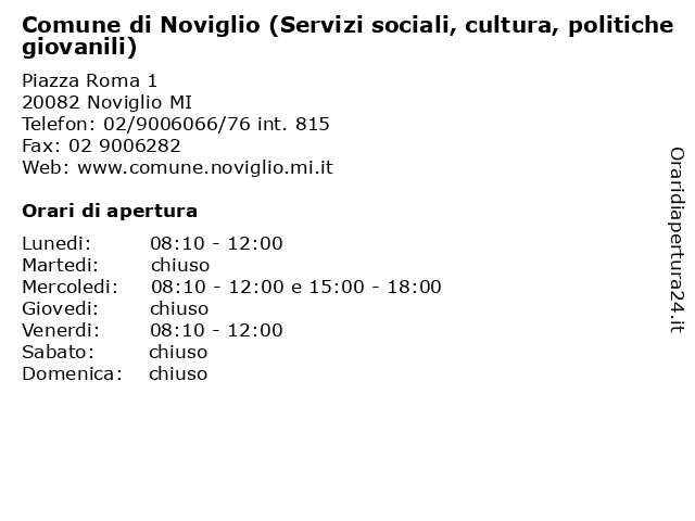 Comune di Noviglio (Servizi sociali, cultura, politiche giovanili) a Noviglio MI: indirizzo e orari di apertura