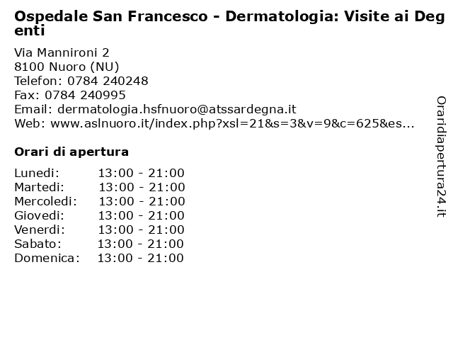 Ospedale San Francesco - Dermatologia: Visite ai Degenti a Nuoro (NU): indirizzo e orari di apertura