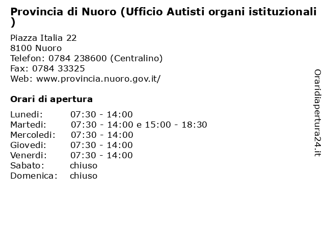 Provincia di Nuoro (Ufficio Autisti organi istituzionali) a Nuoro: indirizzo e orari di apertura