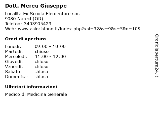Dott. Mereu Giuseppe a Nureci (OR): indirizzo e orari di apertura