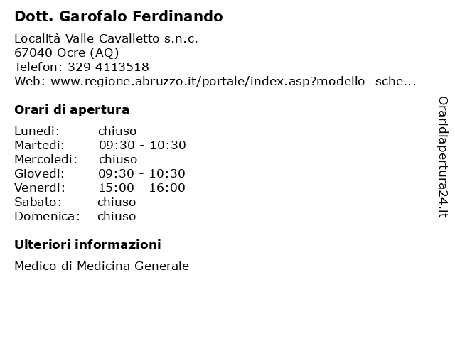 Dott. Garofalo Ferdinando a Ocre (AQ): indirizzo e orari di apertura