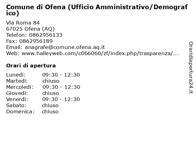 Comune di Ofena (Ufficio Amministrativo/Demografico) a Ofena (AQ): indirizzo e orari di apertura