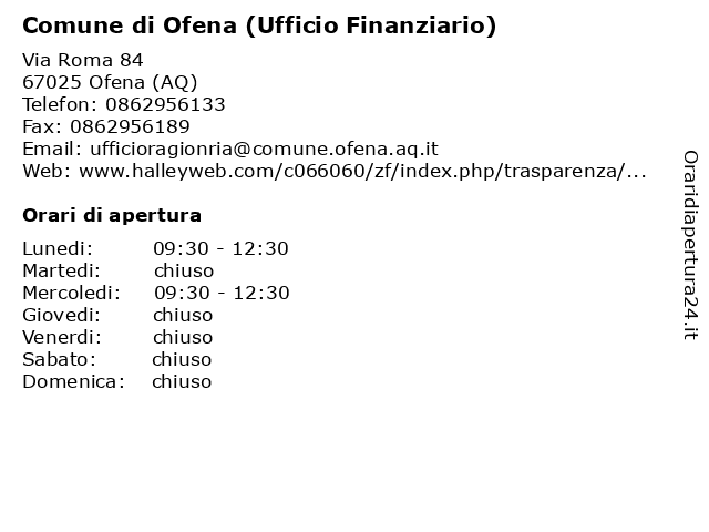Comune di Ofena (Ufficio Finanziario) a Ofena (AQ): indirizzo e orari di apertura