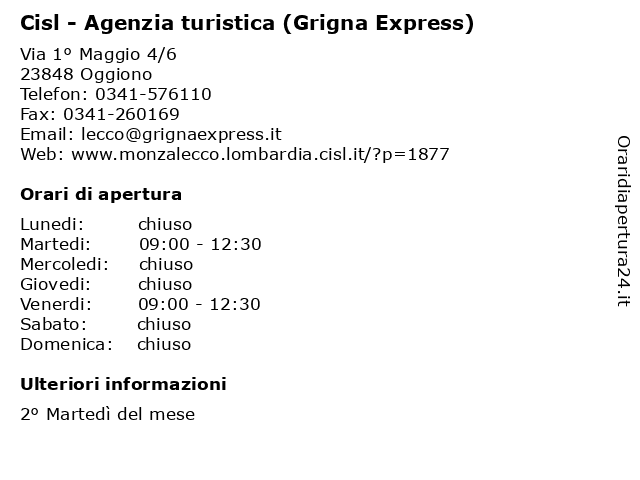 Cisl - Agenzia turistica (Grigna Express) a Oggiono: indirizzo e orari di apertura
