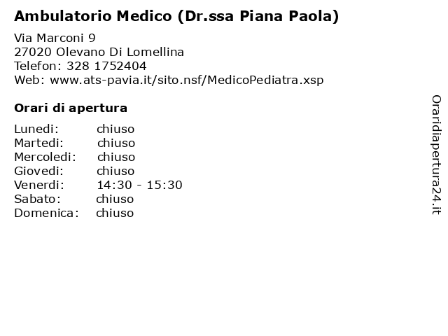 Ambulatorio Medico (Dr.ssa Piana Paola) a Olevano Di Lomellina: indirizzo e orari di apertura