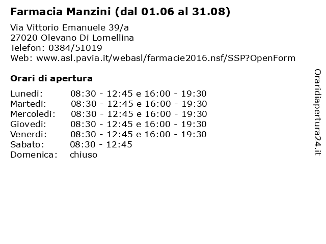 Farmacia Manzini (dal 01.06 al 31.08) a Olevano Di Lomellina: indirizzo e orari di apertura