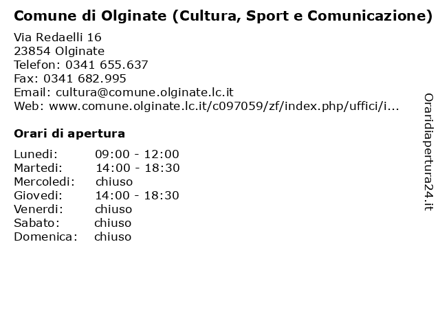 Comune di Olginate (Cultura, Sport e Comunicazione) a Olginate: indirizzo e orari di apertura