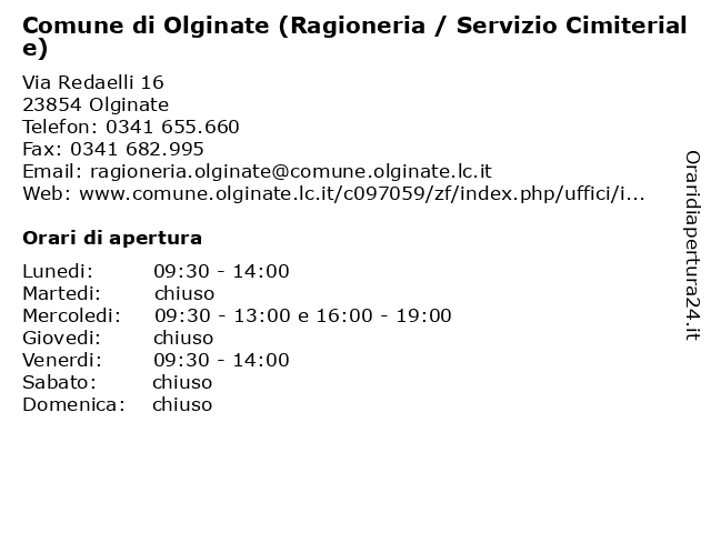 Comune di Olginate (Ragioneria / Servizio Cimiteriale) a Olginate: indirizzo e orari di apertura