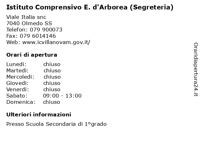 Istituto Comprensivo E. d'Arborea (Segreteria) a Olmedo SS: indirizzo e orari di apertura
