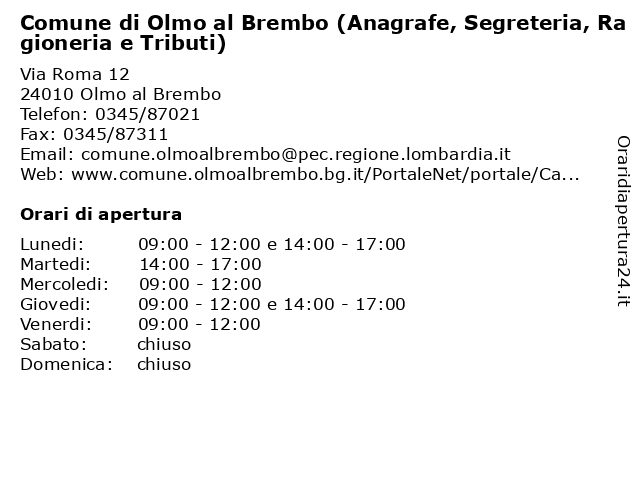 Comune di Olmo al Brembo (Anagrafe, Segreteria, Ragioneria e Tributi) a Olmo al Brembo: indirizzo e orari di apertura