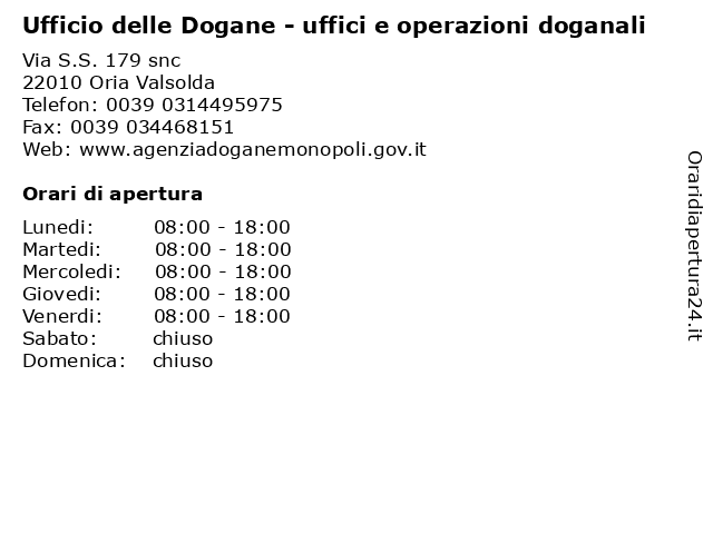 Ufficio delle Dogane - uffici e operazioni doganali a Oria Valsolda: indirizzo e orari di apertura