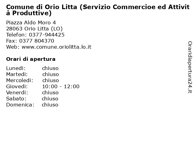 Comune di Orio Litta (Servizio Commercioe ed Attività Produttive) a Orio Litta (LO): indirizzo e orari di apertura