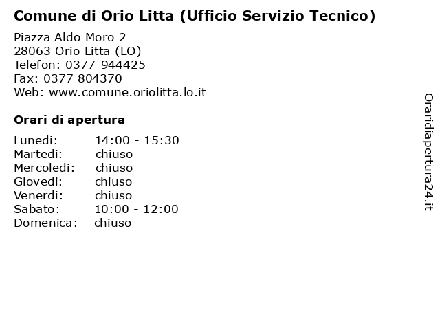 Comune di Orio Litta (Ufficio Servizio Tecnico) a Orio Litta (LO): indirizzo e orari di apertura