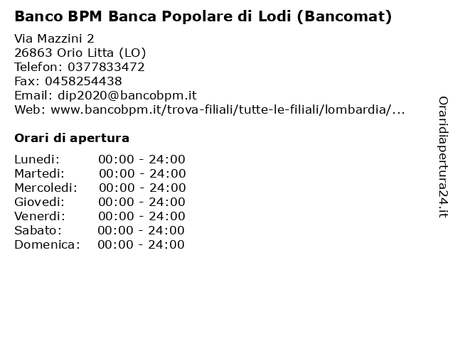 Banca Popolare di Lodi (Bancomat) a Orio Litta: indirizzo e orari di apertura